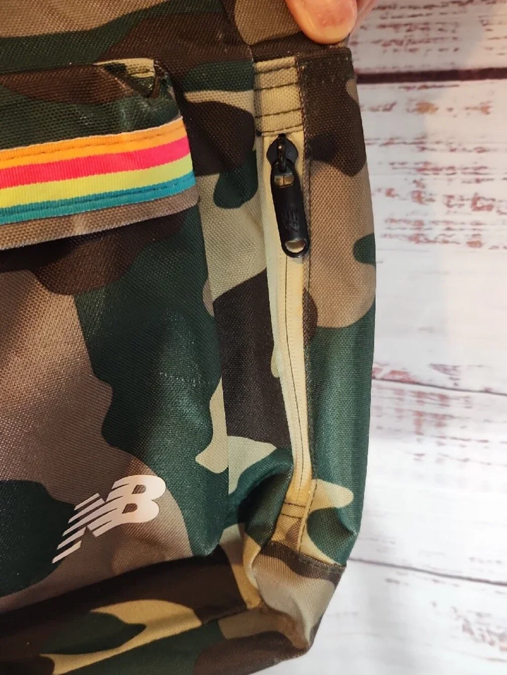 New Balance Green Camo Backpack with Rainbow Stripe and Purple Accents